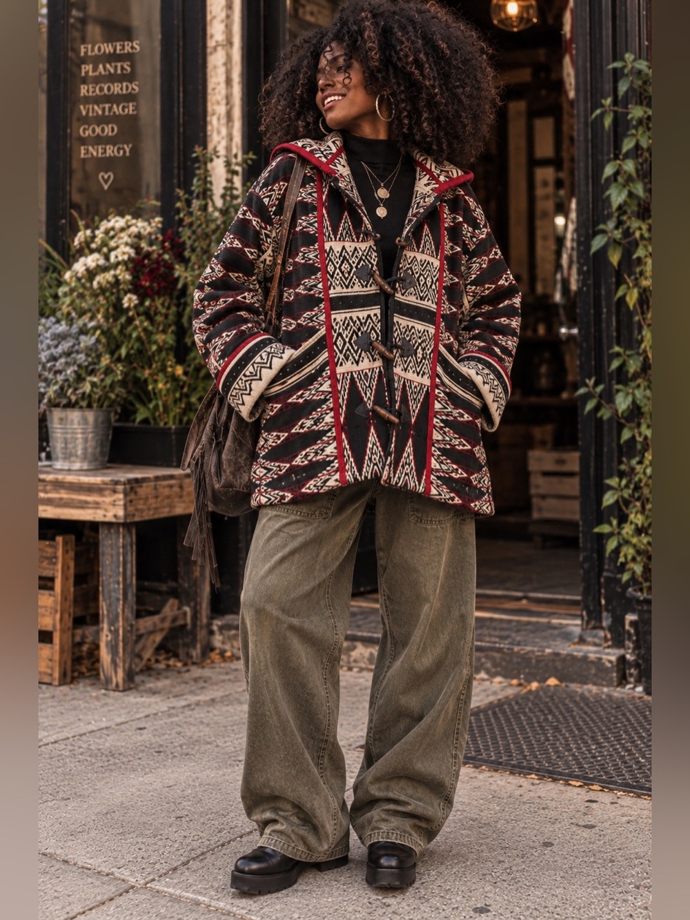 Cozy Geometric Hooded Cardigan Sweater in Black & Red